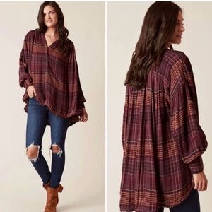 Free People Oversize Boho Burgandy Plaid Top